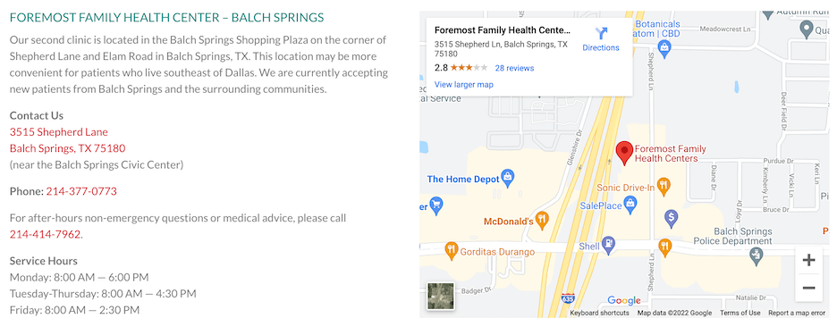 local seo for multiple locations - location page example with map and contact information