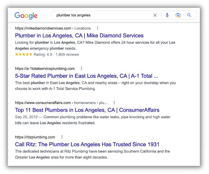 google search results for los angeles plumber