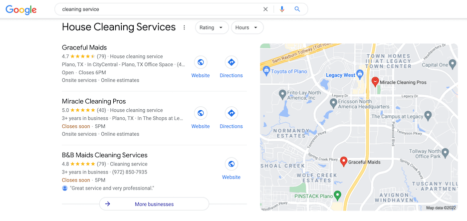 multi-location seo - google search result for cleaning service displaying google map pack