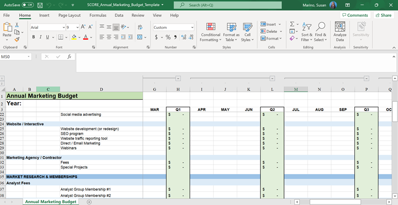 marketing budget template - score excel template