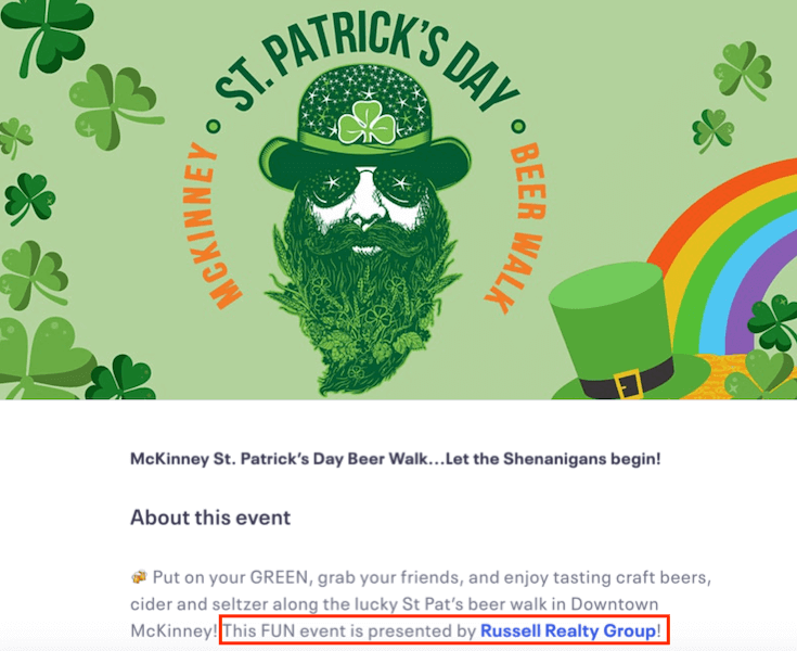 st patricks day marketing idea - event sponsorship example for local beer walk by realty group