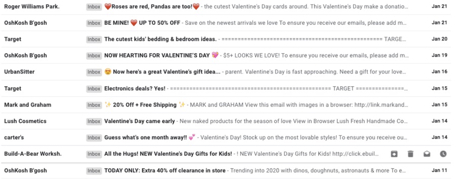 valentines day marketing - example valentines day email subject lines