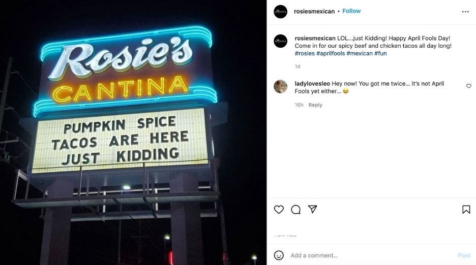social posts for april fools - restaurant pumpkin spice tacos