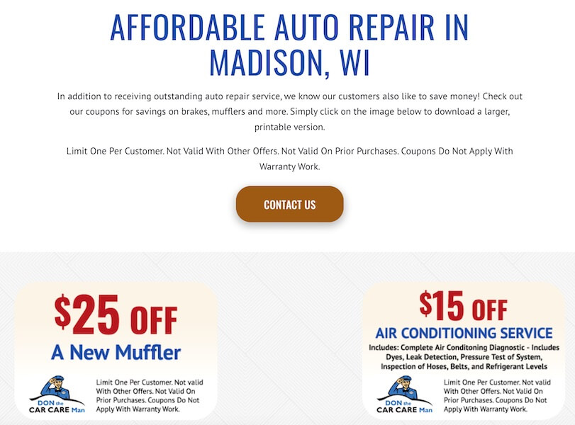 small business website examples - auto industry contact page screenshot