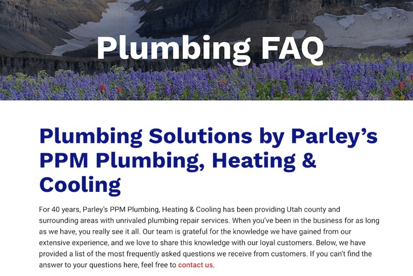 small business website examples - plumbing website faqs