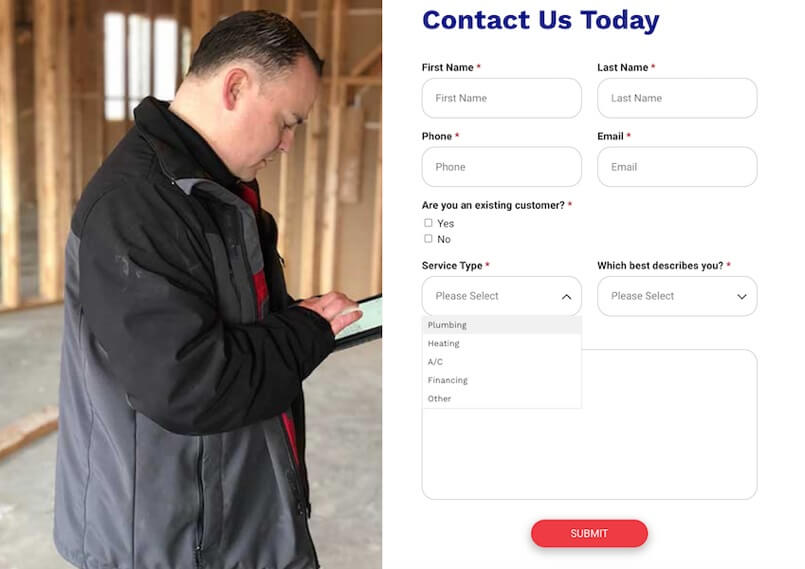 small business website examples - plumber website contact form screenshot
