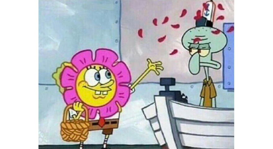 spring marketing ideas - scene from spongebob throwing spring flowers at an annoyed squidward