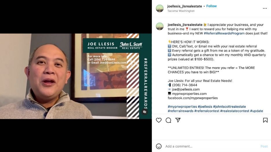 spring real estate marketing ideas - instagram post from realtor talking about his client referral program