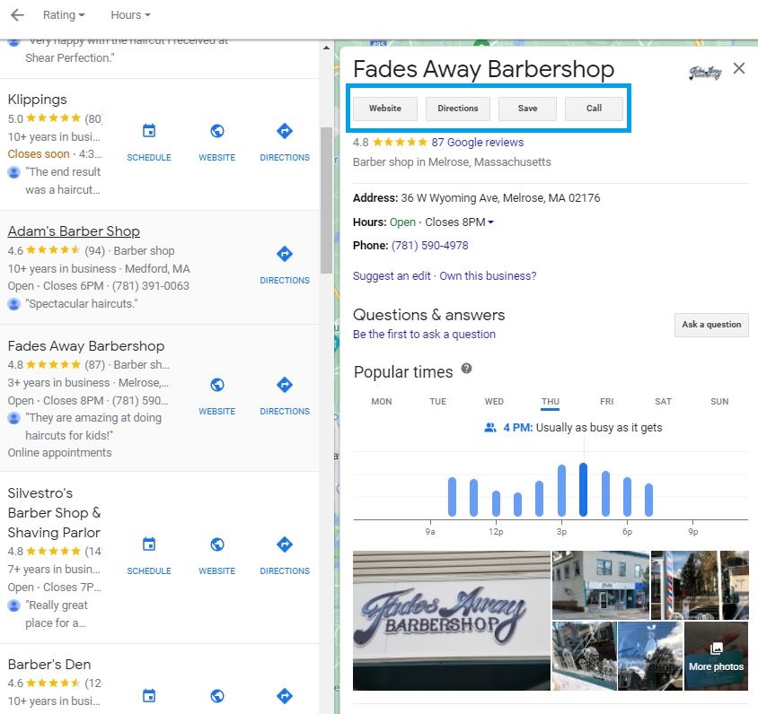 local seo statistics - example of a local listing with multiple actions