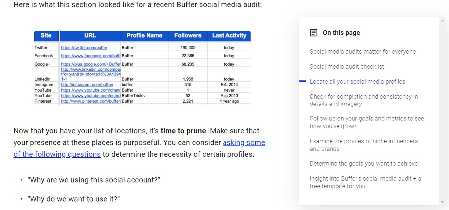 social media audit example - screenshot of buffer social media audit showing their own sheet