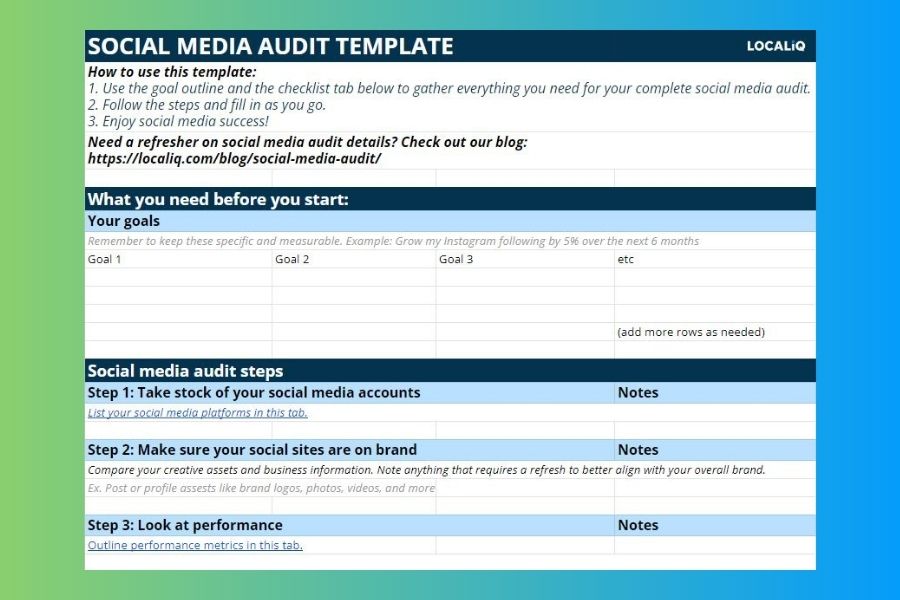 social media audit - social media template screenshot