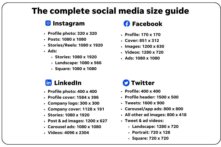  social media image and video size chart for 2023
