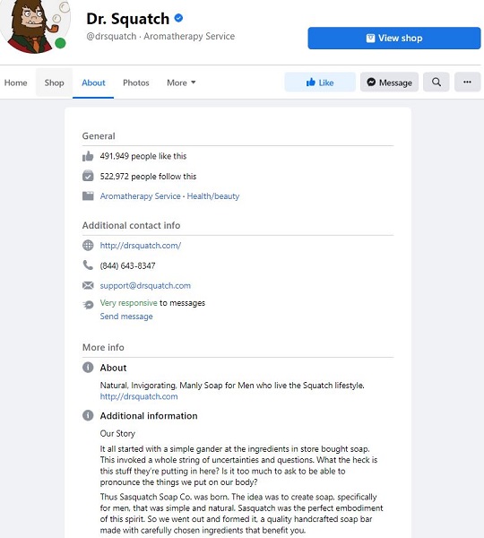 facebook bio example - small business with strong branding in their facebook bio