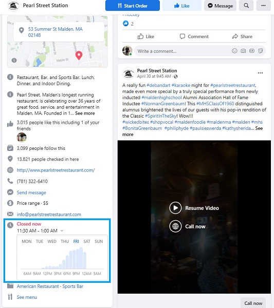 facebook bio examples - screenshot of restaurant facebook bio operating hours