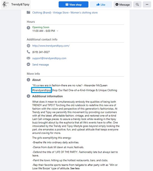 facebook bio examples - screenshot of small business facebook bio including a hashtag