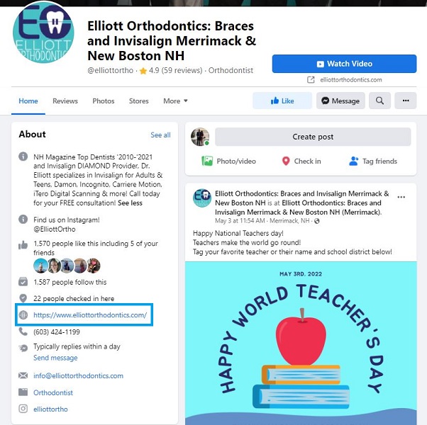 facebook bio examples - orthodontist facebook bio that links to website