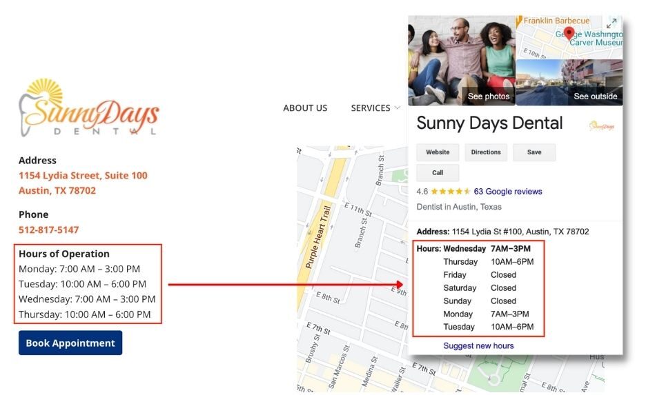 google business profile hours match website hours for dentist example