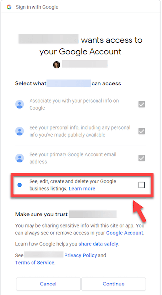 what it looks like to grant permissions to google business profile