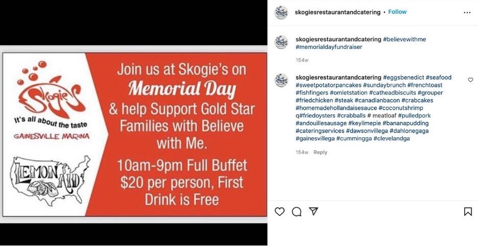 memorial day social media posts example - local business hosting memorial day fundraiser post