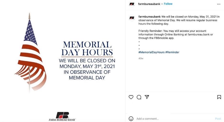 memorial day social media posts example of holiday hours update on instagram
