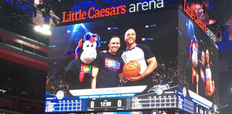 pride month marketing - kevin heard at pride night at little caesars arena in 2019