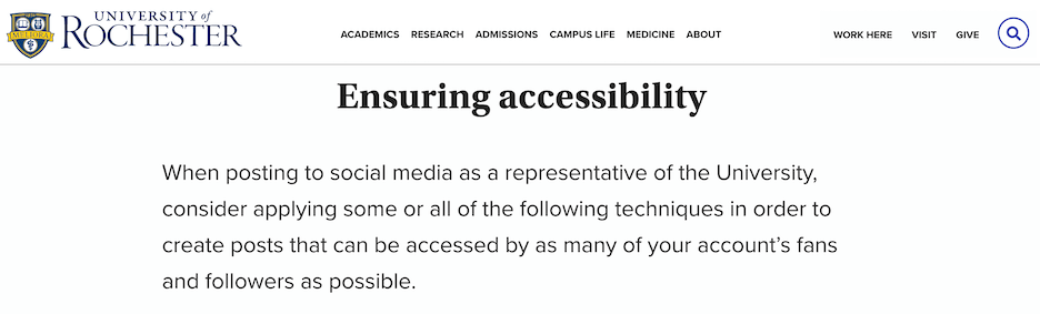 social media accessibility - screenshot of university of rochester's social media accessibility policy