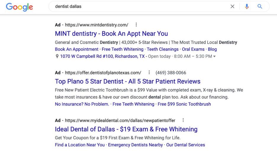 dental marketing - dentist google ads examples