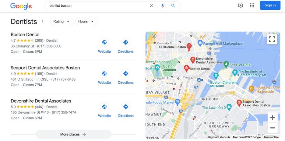 dental marketing - map pack results for dentist boston search