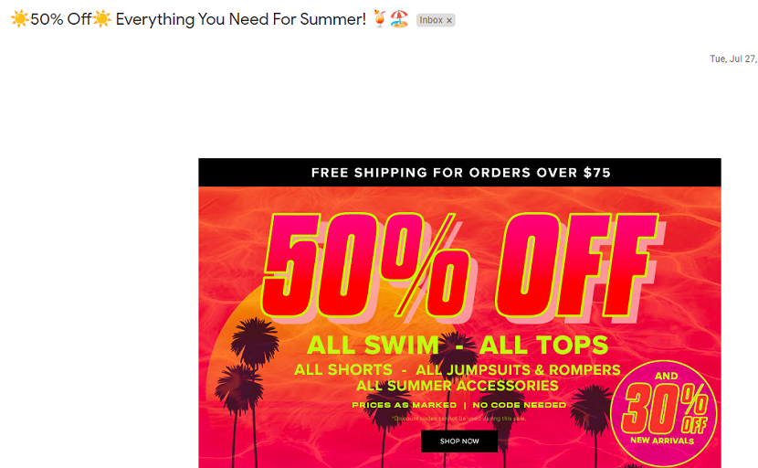 july email subject lines - example of retail summer sale email