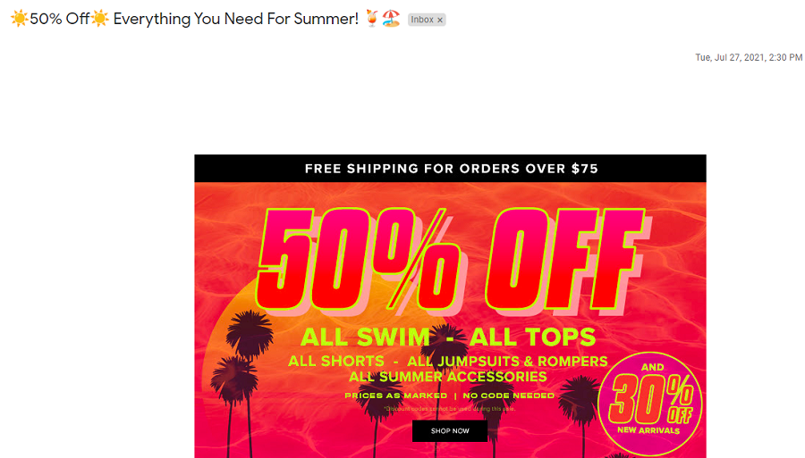 july email subject lines - example of retail summer sale email