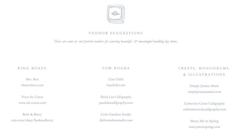 wedding marketing - vendor suggestion list from wedding photographer website