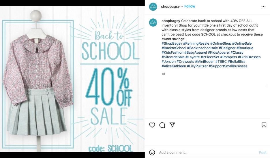 back to school instagram captions example from bagsy back to school sale
