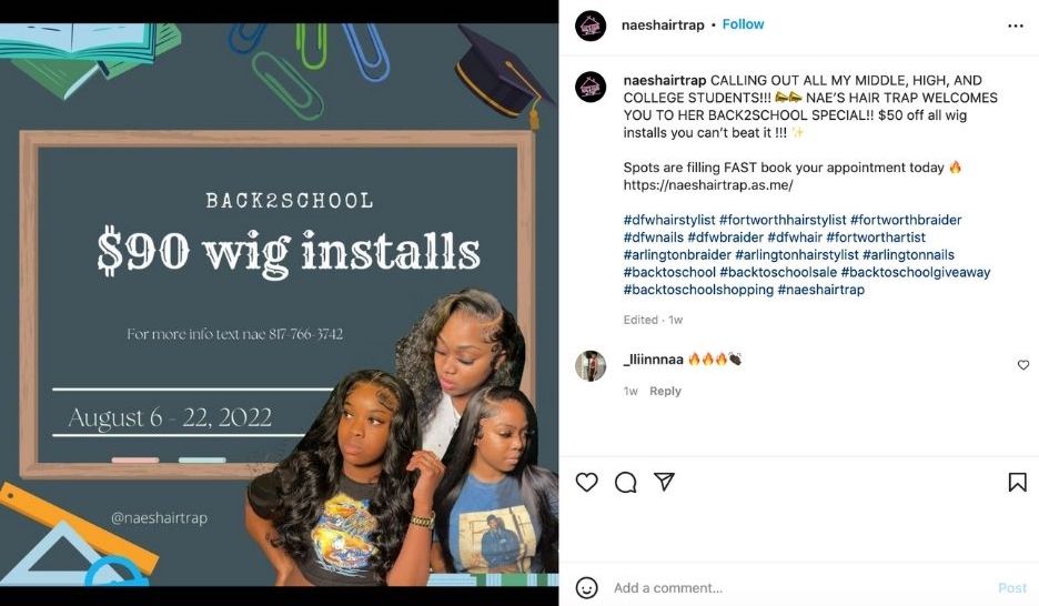 back to school instagram captions - example of back to school promotion from naeshairtrap on instagram