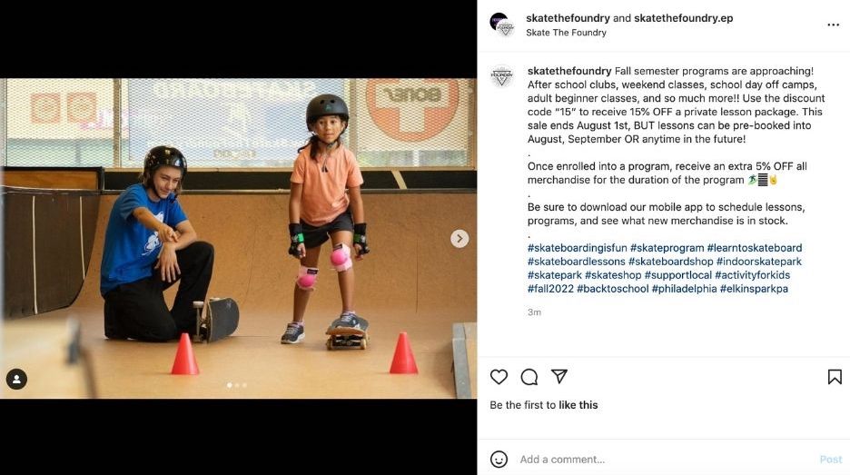 back to school instagram caption from skatethefoundry promoting their fall semester classes