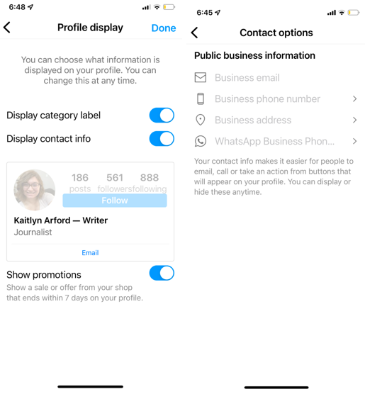create a new Instagram account - screenshot of business profile settings