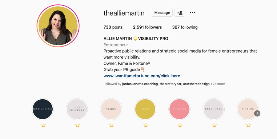 create a new Instagram account - example of a strong CTA in bio with link
