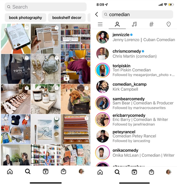 create a new Instagram account - screenshot of search and explore pages