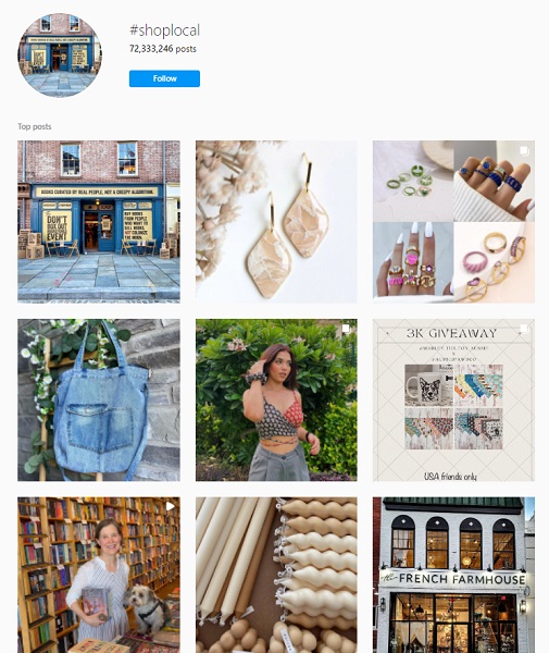 create a new Instagram account - screenshot of #shoplocal example hashtag search