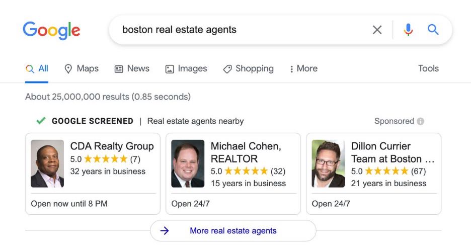 real estate marketing ideas - google local services ads example for realtors