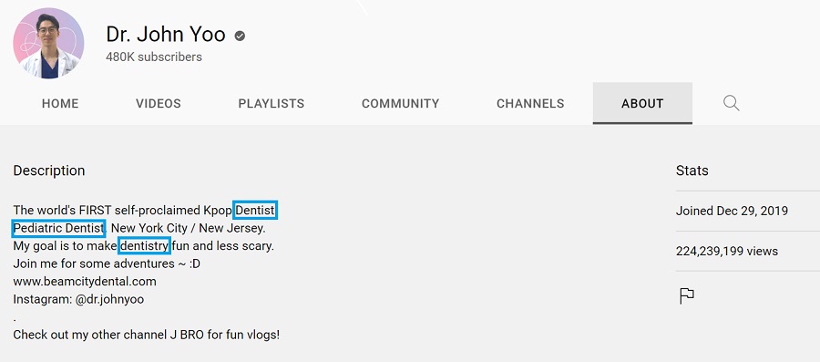 youtube channel description example - screenshot of dental youtube channel with keywords highlighted
