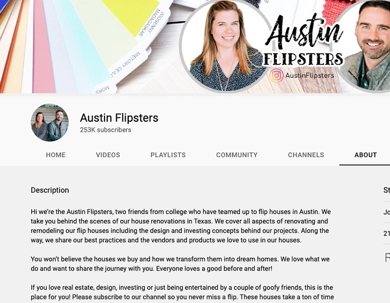 youtube channel description examples - austin flipsters description screenshot