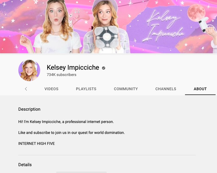 youtube channel description examples - screenshot of kelsey impicciche