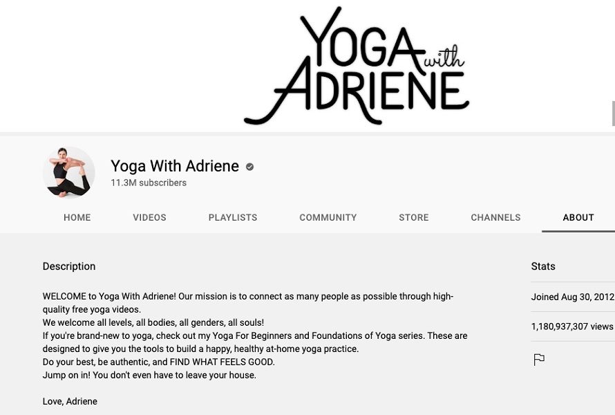 youtube channel description examples - yoga with adriene youtube description screenshot