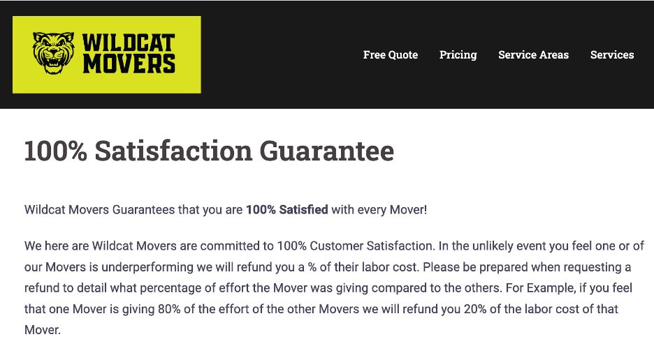 direct response copywriting - example of satisfaction guarantee from wildcat movers