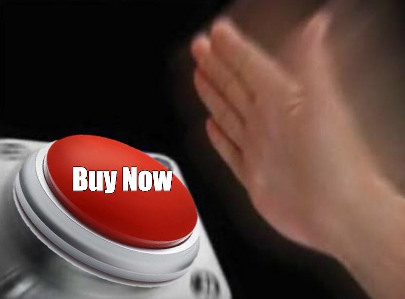 direct response copywriting meme showing hand hitting button with Buy Now on it