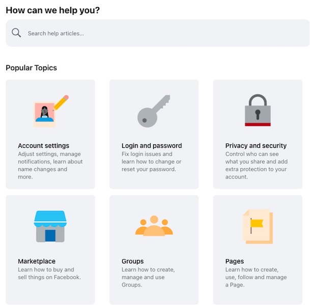how to contact facebook support - what the facebook support help center looks like on desktop
