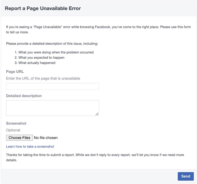 how to contact facebook support to report page error