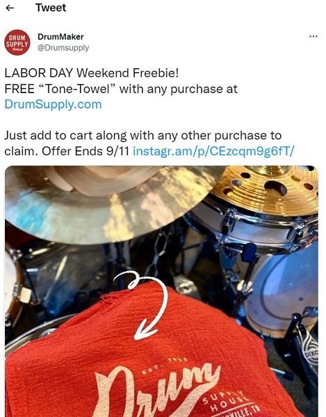 labor day promotions - small business tweet about labor day freebie with purchase