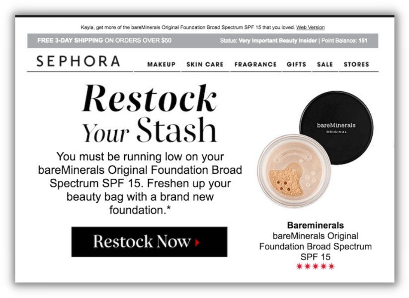 personalized marketing example from sephora via email