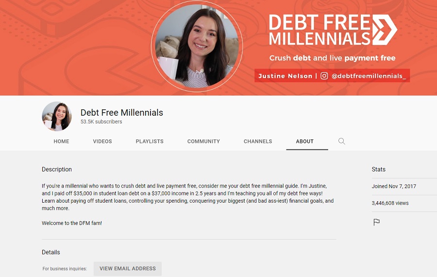 youtube channel description examples - debt free millennial about page screenshot